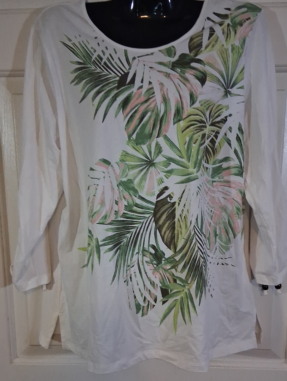 Allison Daley White Long Sleeve Top with Green and Pink Tropical Leaf Print